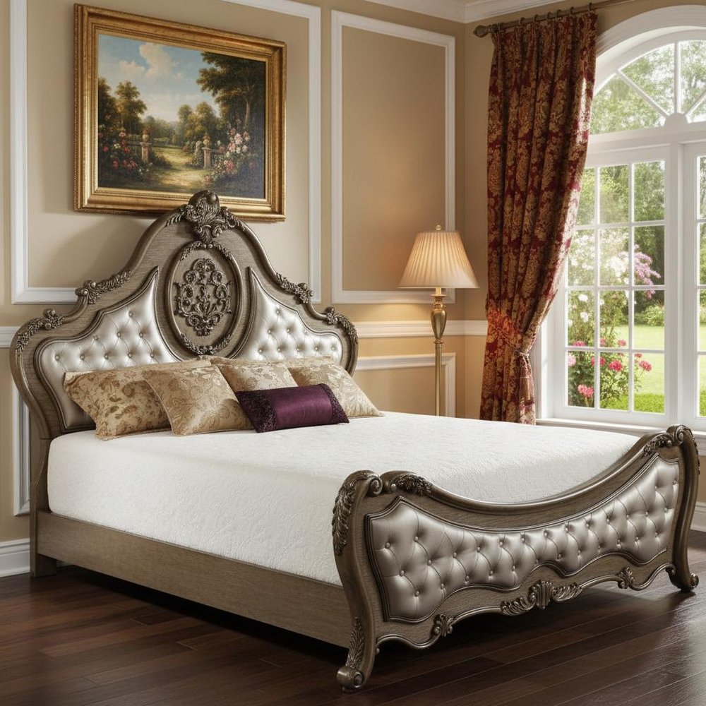 Queen Tufted Bronze Upholstered Faux Leather Bed With Nailhead Trim HomeRoots