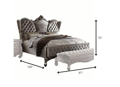 87" X 100" X 75" Velvet Antique Platinum Upholstery Poly Resin California King Bed HomeRoots