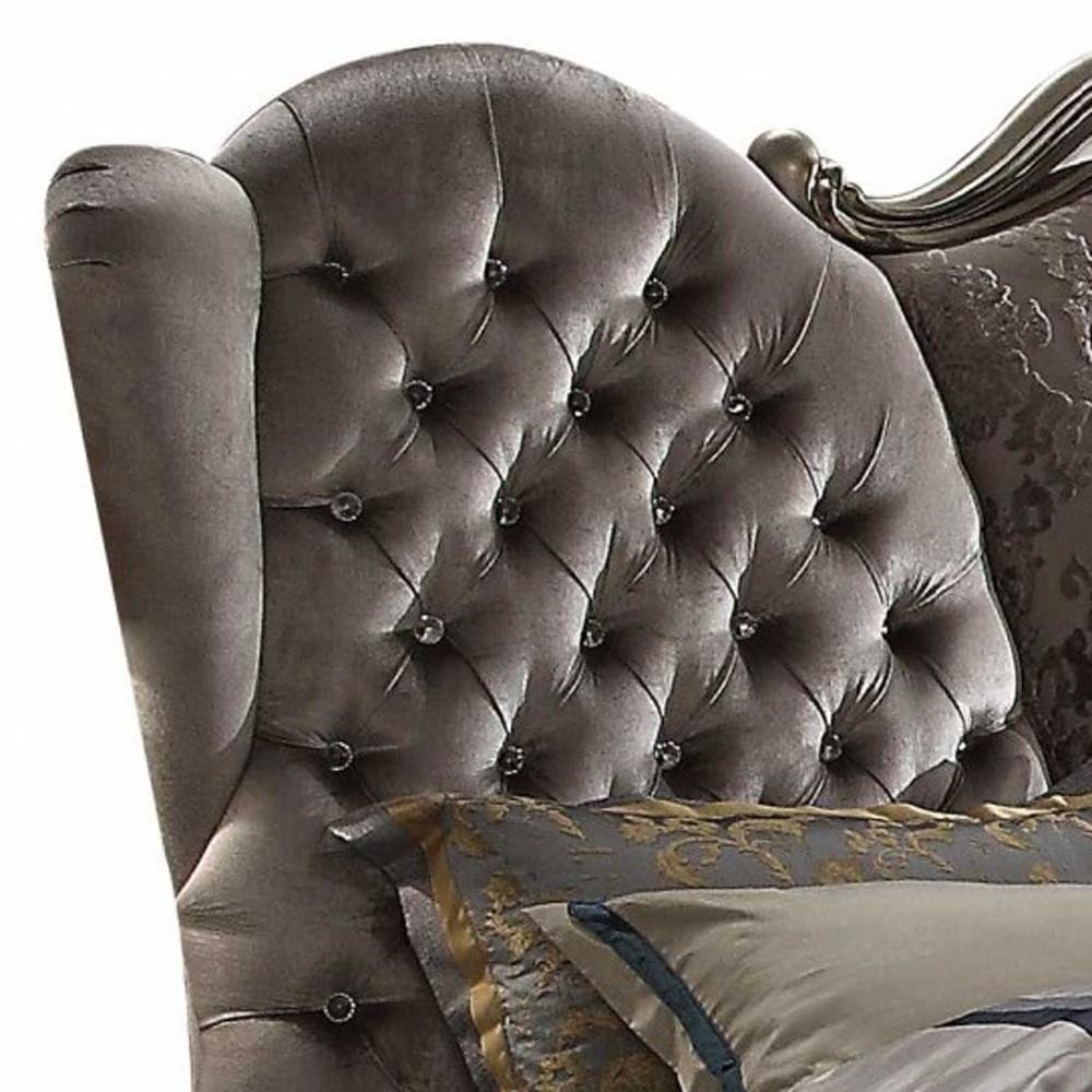 87" X 100" X 75" Velvet Antique Platinum Upholstery Poly Resin California King Bed HomeRoots