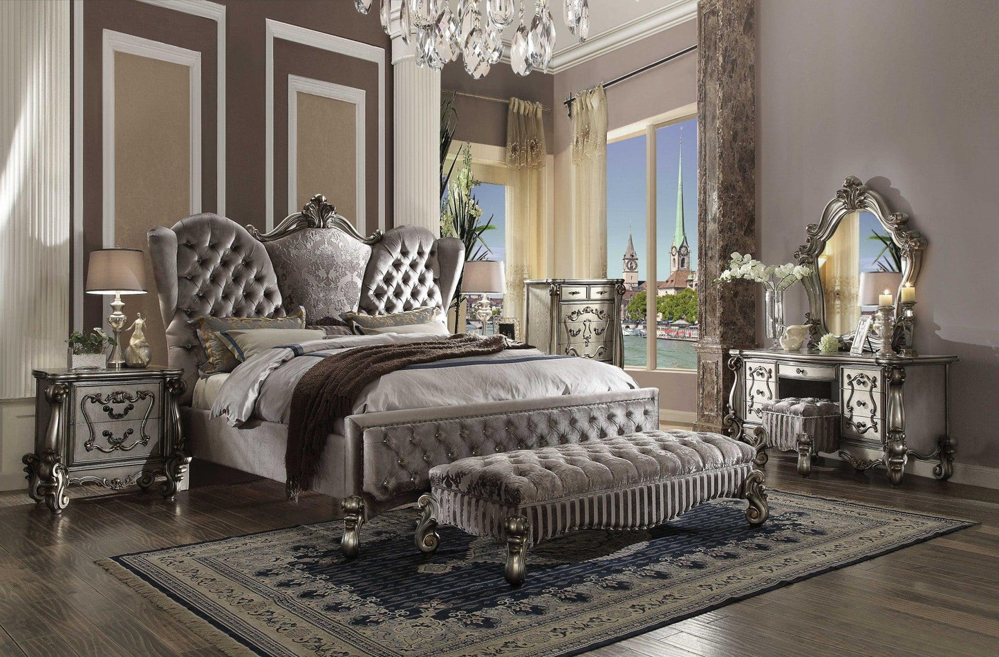 King Tufted Gray And Gray and Black Upholstered Velvet Bed With Nailhead Trim - FurniFindUSA