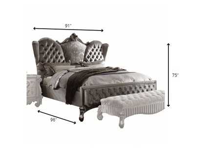 King Tufted Gray And Gray and Black Upholstered Velvet Bed With Nailhead Trim - FurniFindUSA