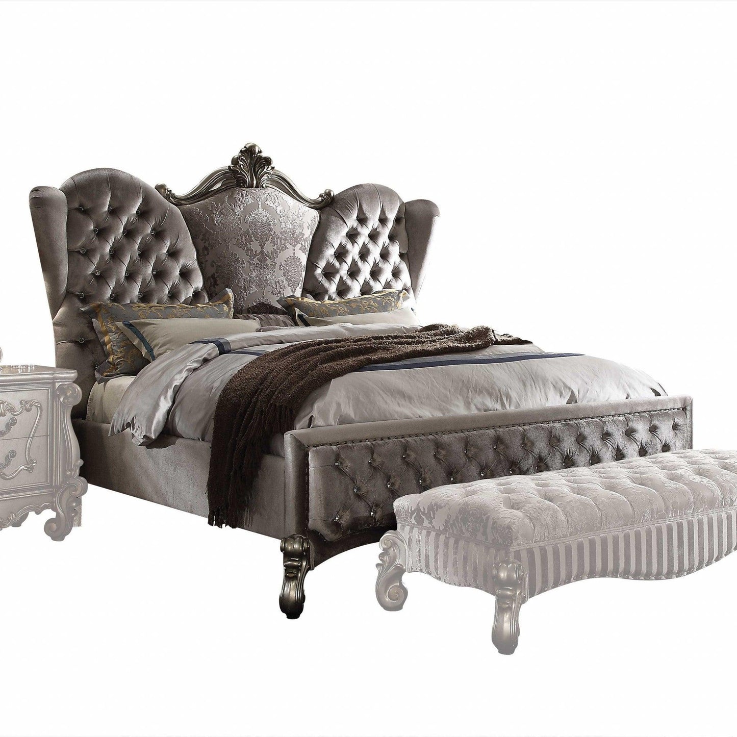 King Tufted Gray And Gray and Black Upholstered Velvet Bed With Nailhead Trim - FurniFindUSA