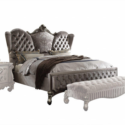 King Tufted Gray And Gray and Black Upholstered Velvet Bed With Nailhead Trim - FurniFindUSA