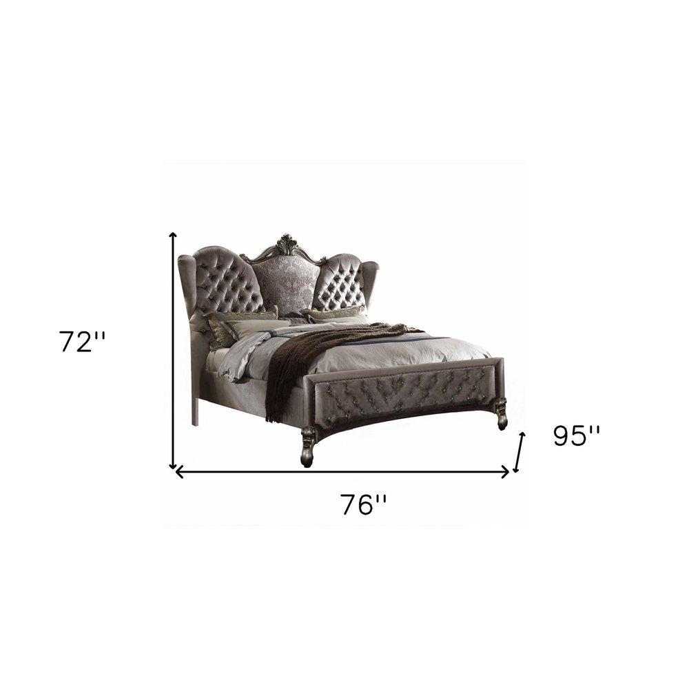 Gray Queen Tufted Upholstered Velvet Bed Frame with Nailhead Trim HomeRoots