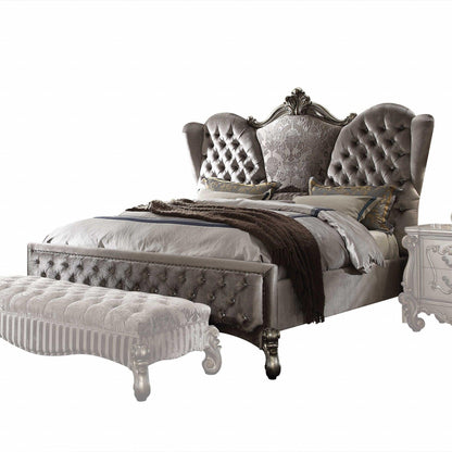 King Tufted Gray And Gray and Black Upholstered Velvet Bed With Nailhead Trim - FurniFindUSA