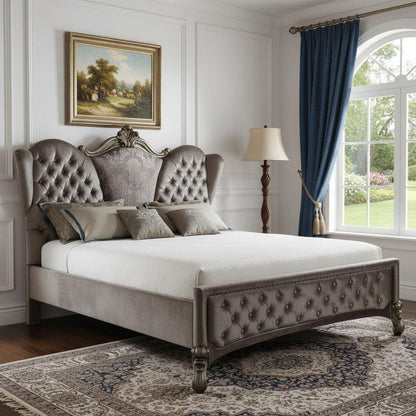 Gray Queen Tufted Upholstered Velvet Bed Frame with Nailhead Trim HomeRoots