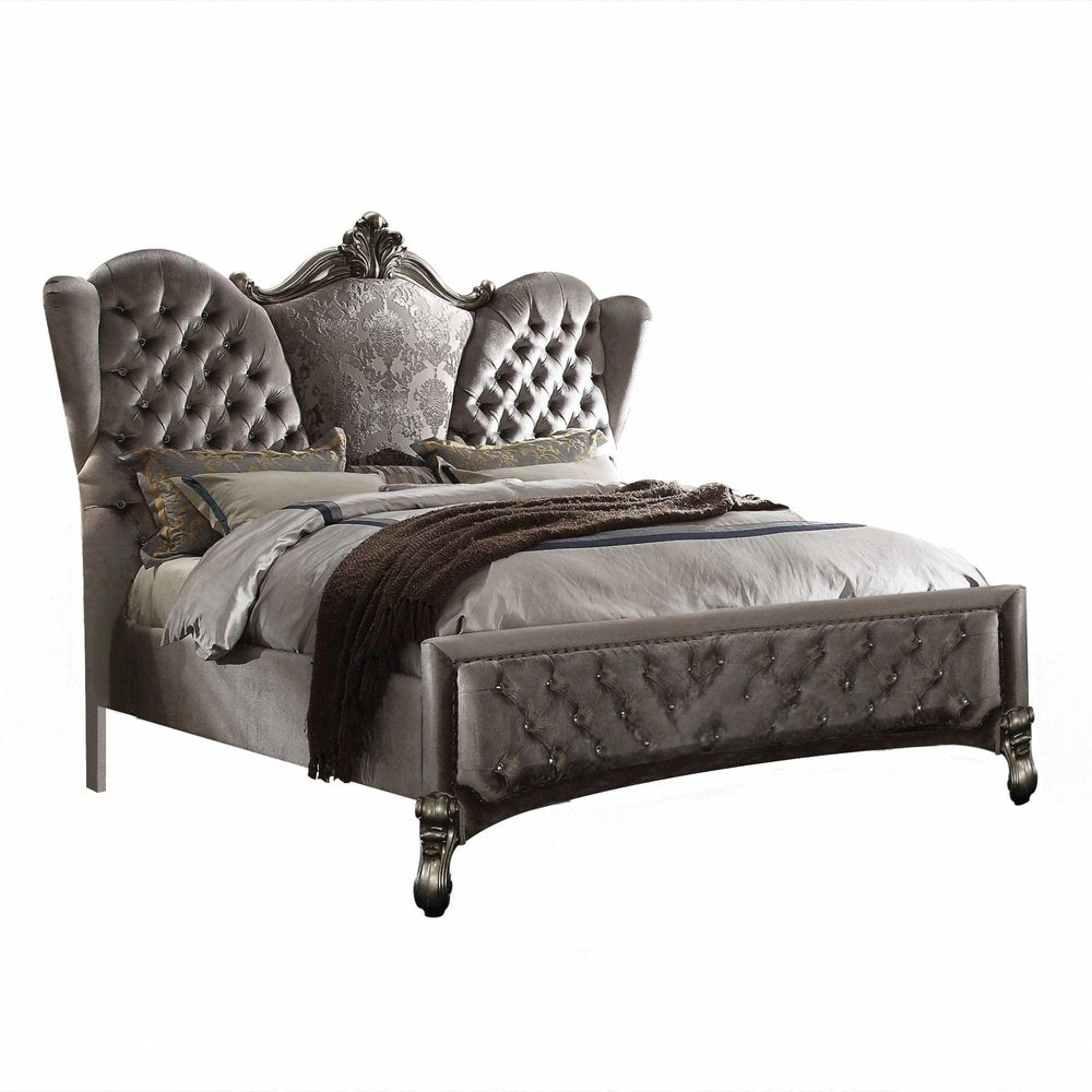 Gray Queen Tufted Upholstered Velvet Bed Frame with Nailhead Trim HomeRoots