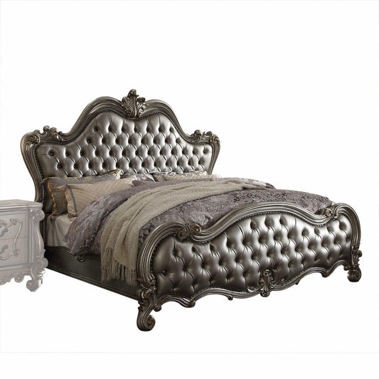 King Tufted Silver Upholstered Faux Leather Bed With Nailhead Trim - FurniFindUSA