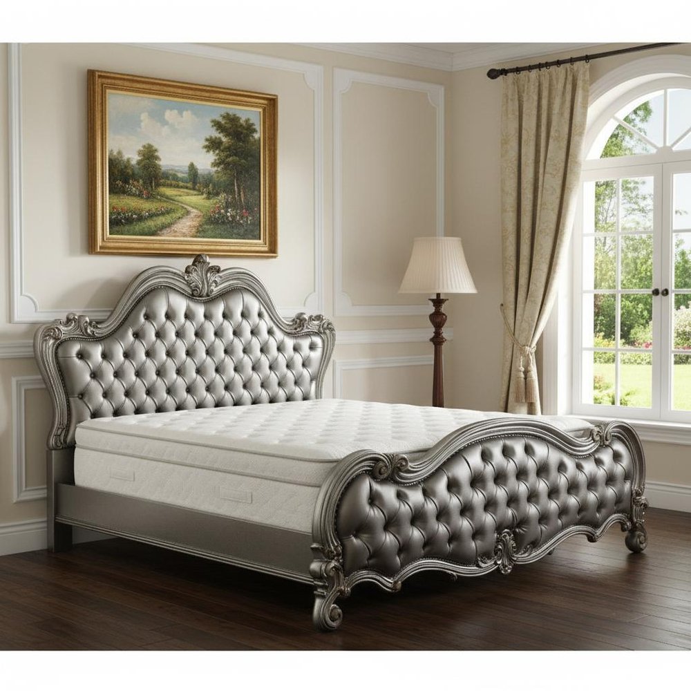 73" X 99" X 72" Silver Pu Antique Platinum Upholstery Poly Resin Queen Bed HomeRoots