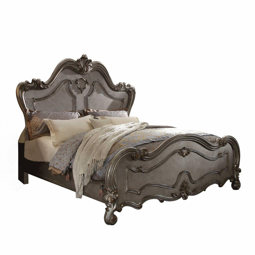 Gray Carved Scrollwork Wood Queen Bed Frame — view 3