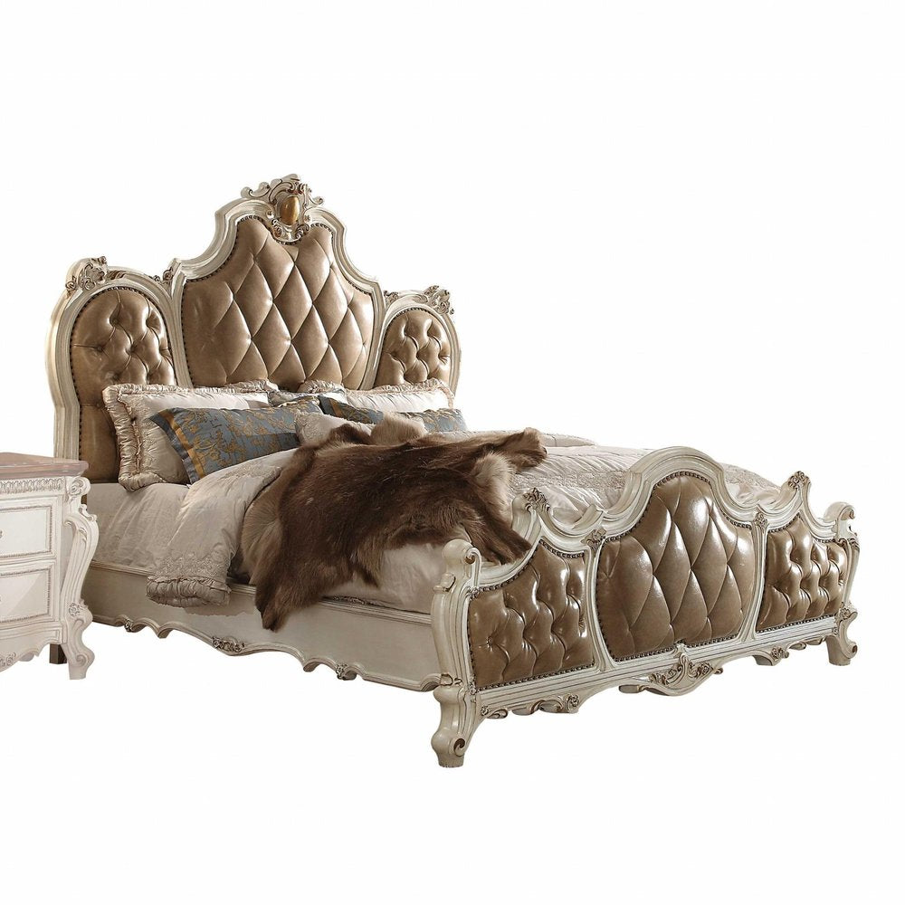 Pearl King Tufted Upholstered Faux Leather Bed Frame with Nailhead Trim HomeRoots