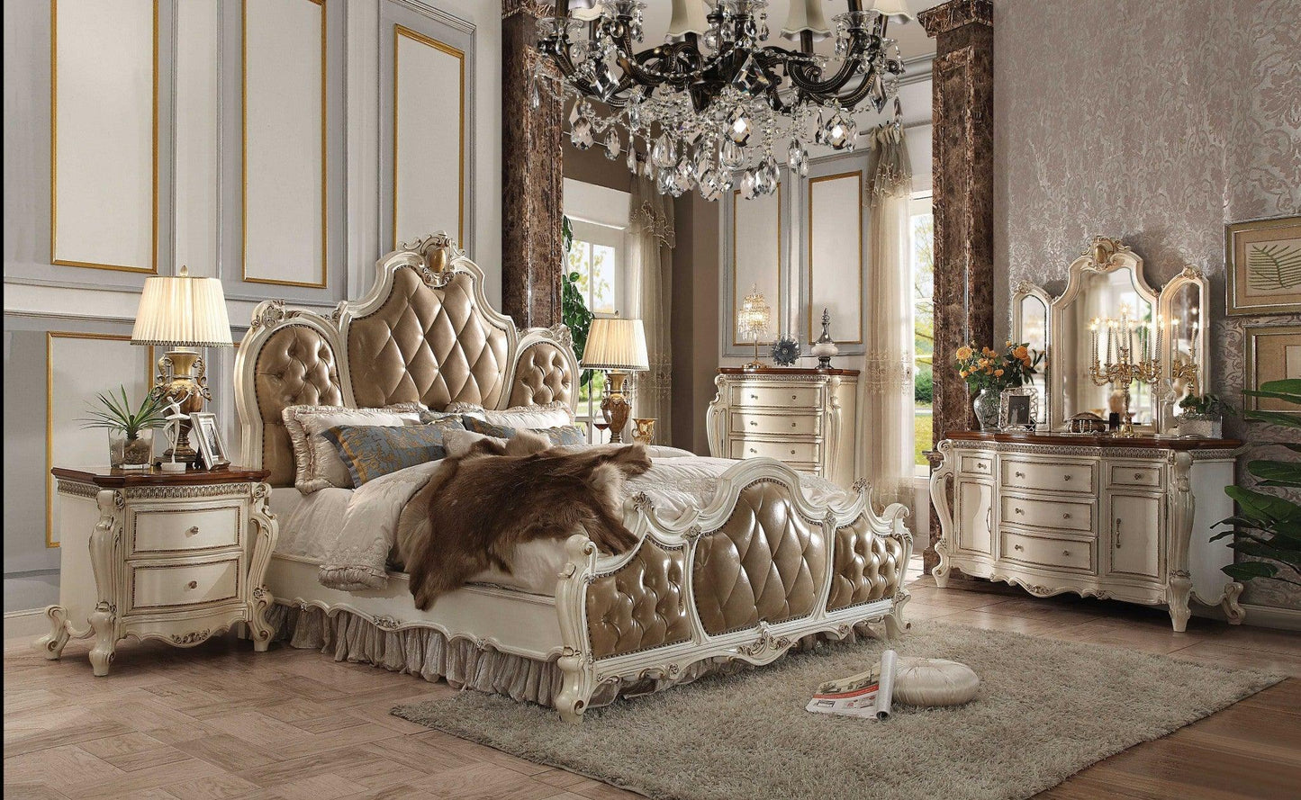 King Tufted Beige Upholstered Faux Leather Bed With Nailhead Trim - FurniFindUSA