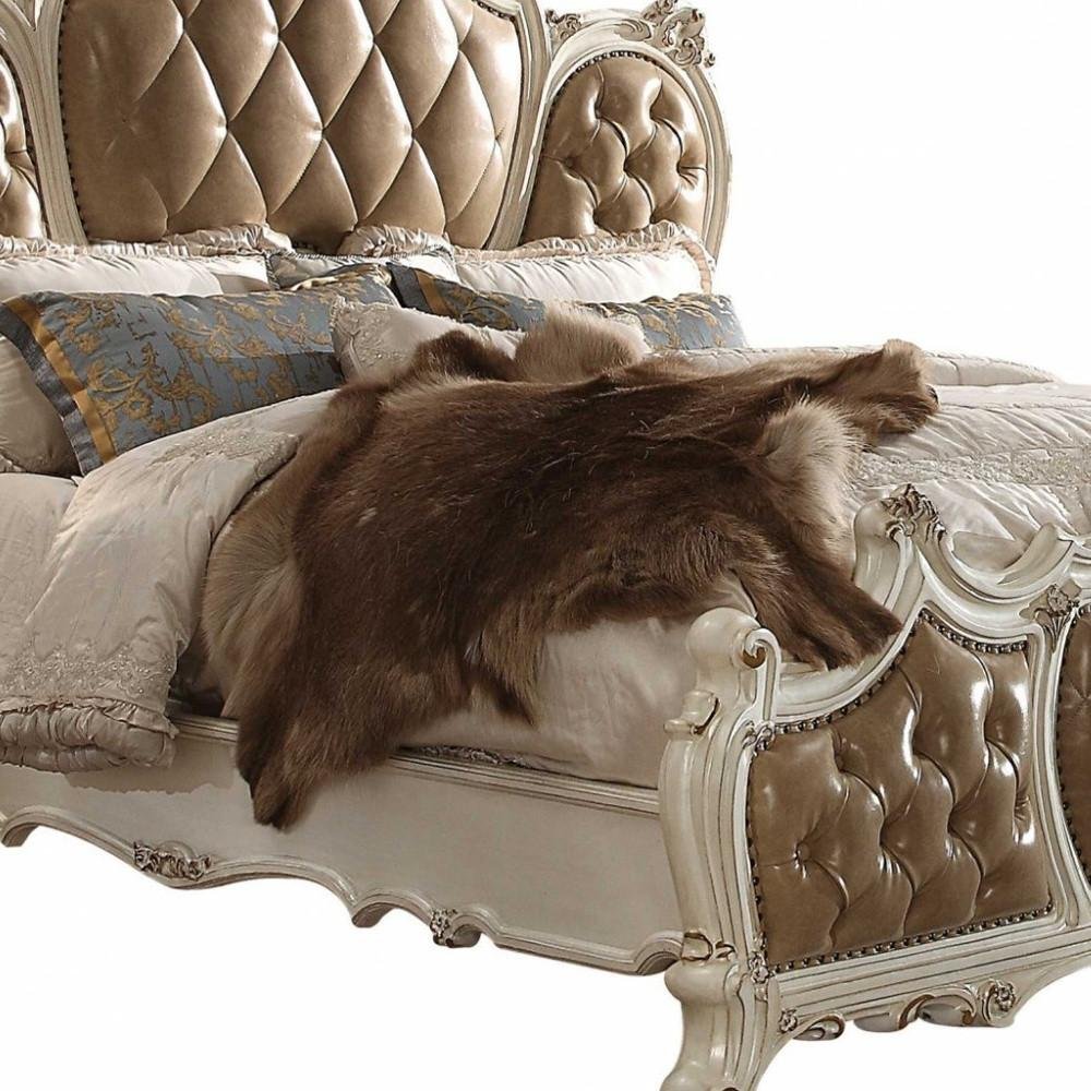 Pearl King Tufted Upholstered Faux Leather Bed Frame with Nailhead Trim HomeRoots