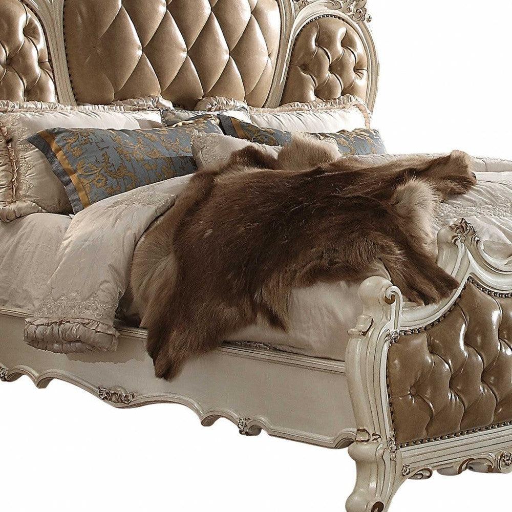 King Tufted Beige Upholstered Faux Leather Bed With Nailhead Trim - FurniFindUSA