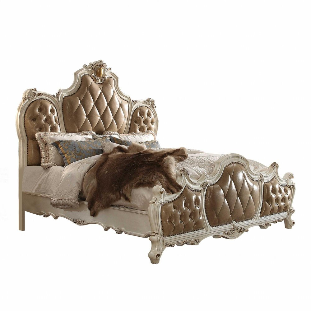 Pearl King Tufted Upholstered Faux Leather Bed Frame with Nailhead Trim HomeRoots