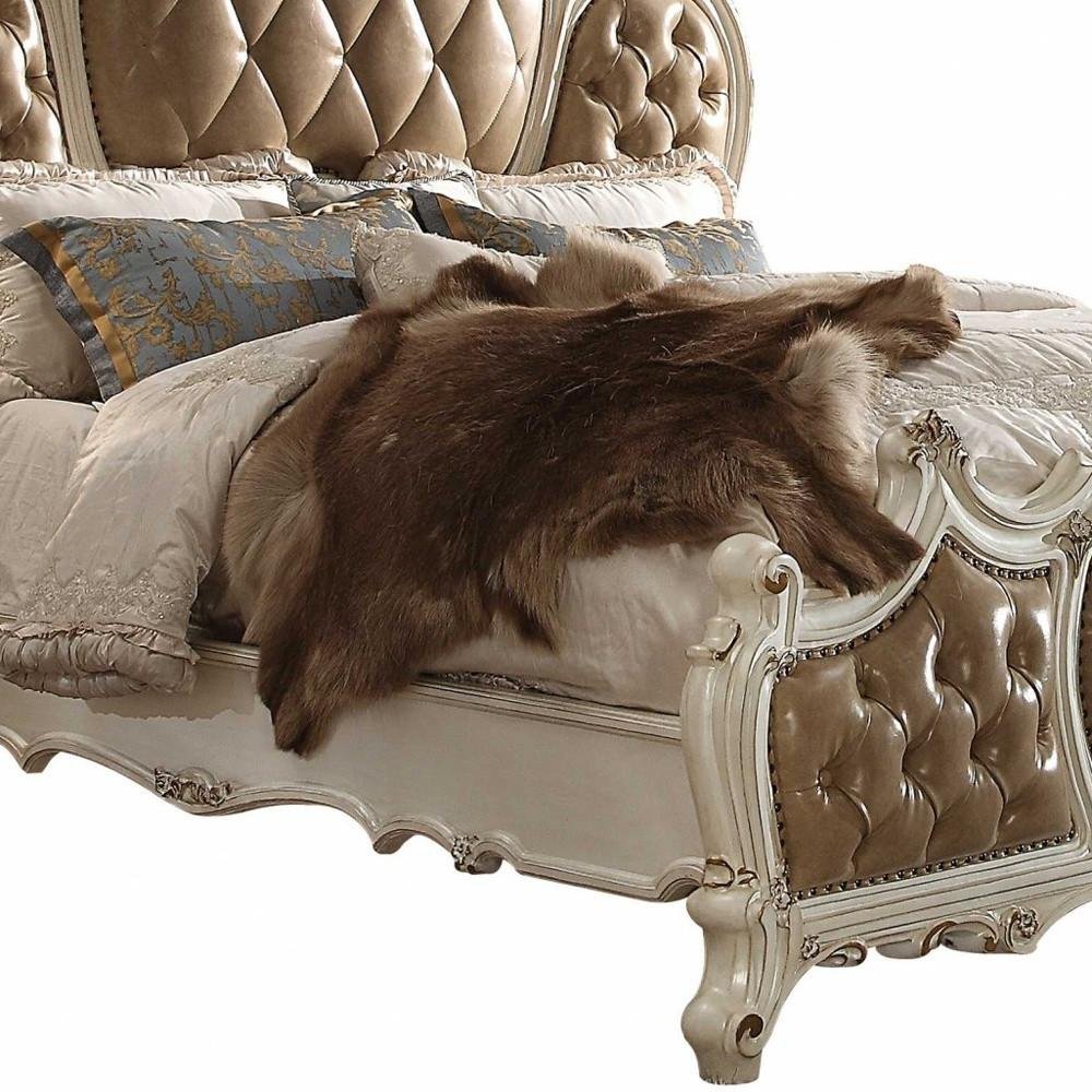 Pearl King Tufted Upholstered Faux Leather Bed Frame with Nailhead Trim HomeRoots
