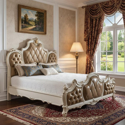 Pearl King Tufted Upholstered Faux Leather Bed Frame with Nailhead Trim HomeRoots