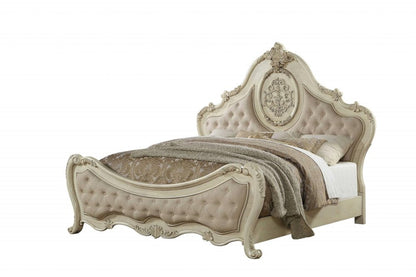 Beige Wood And Tufted Linen Queen Bed Frame With Nailhead Trim HomeRoots