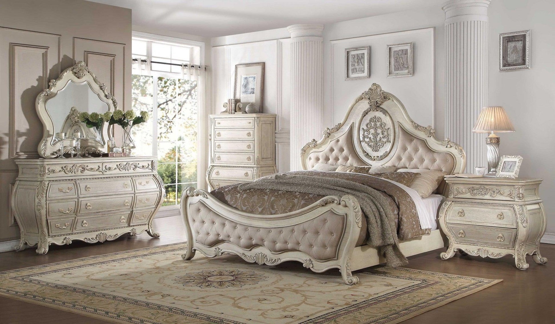 Queen Tufted Beige Upholstered Linen Bed With Nailhead Trim - FurniFindUSA