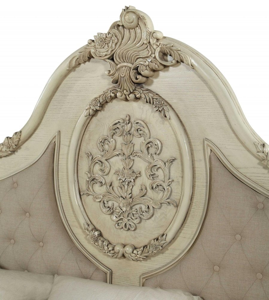 Beige Wood And Tufted Linen Queen Bed Frame With Nailhead Trim HomeRoots