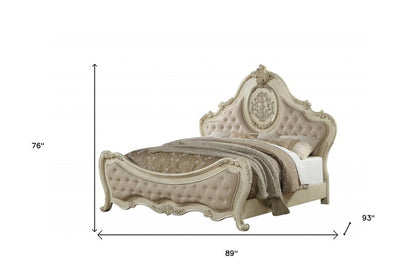 Beige Wood And Tufted Linen Queen Bed Frame With Nailhead Trim HomeRoots