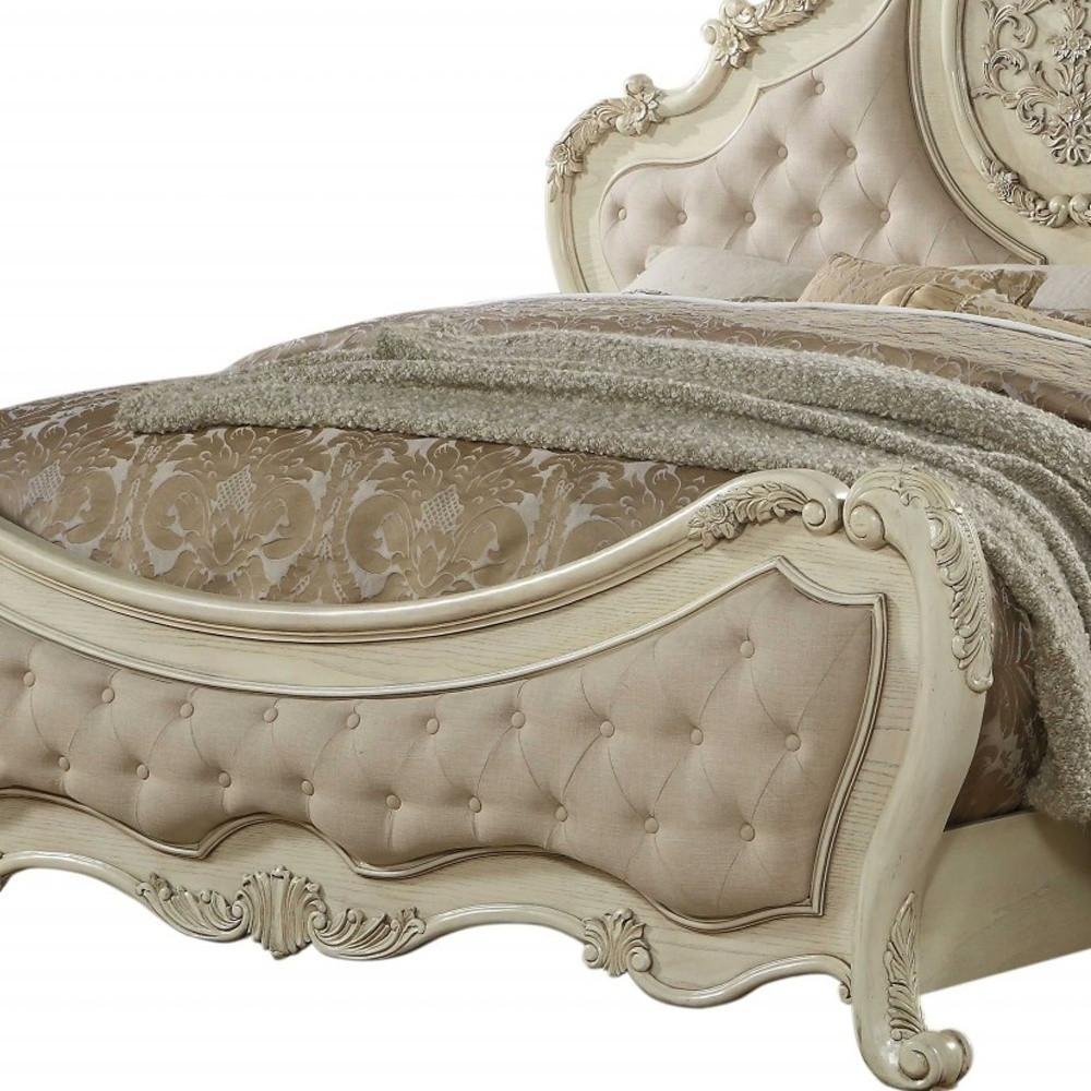 Beige Wood And Tufted Linen Queen Bed Frame With Nailhead Trim HomeRoots