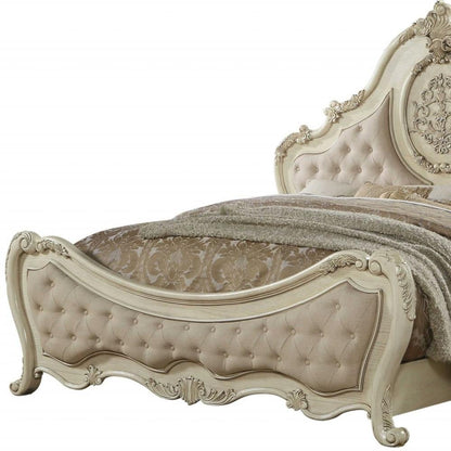 Beige Wood And Tufted Linen Queen Bed Frame With Nailhead Trim HomeRoots