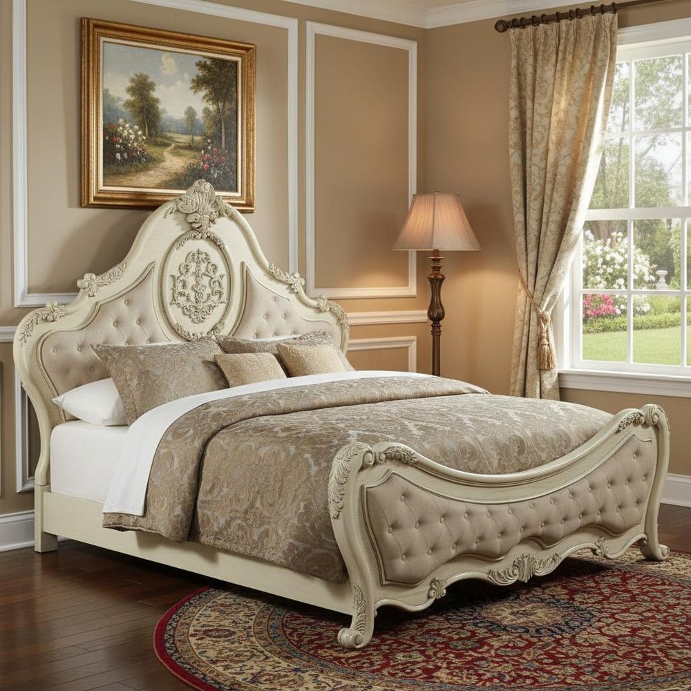 Beige Wood And Tufted Linen Queen Bed Frame With Nailhead Trim HomeRoots