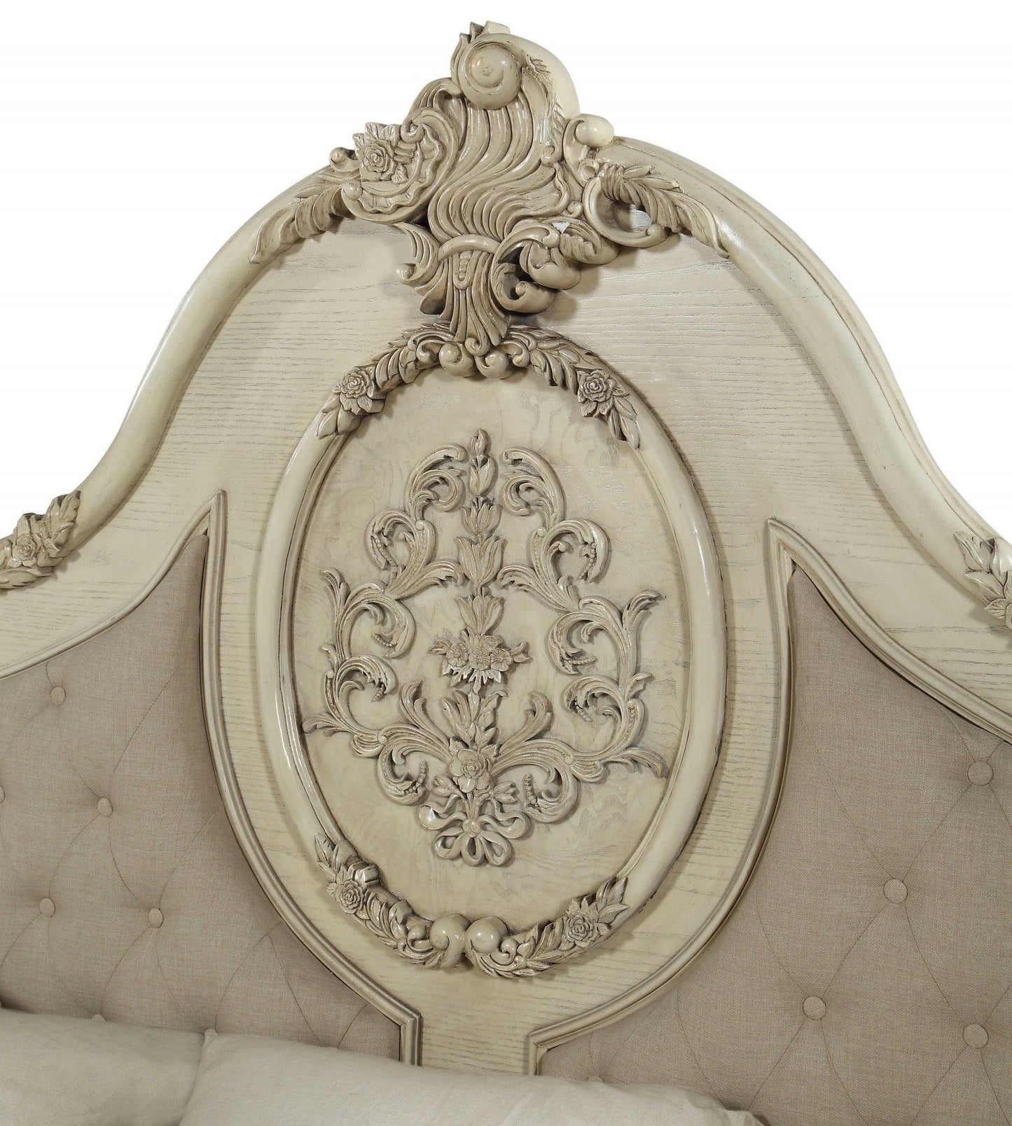 Queen Tufted Beige Upholstered Linen Bed With Nailhead Trim - FurniFindUSA