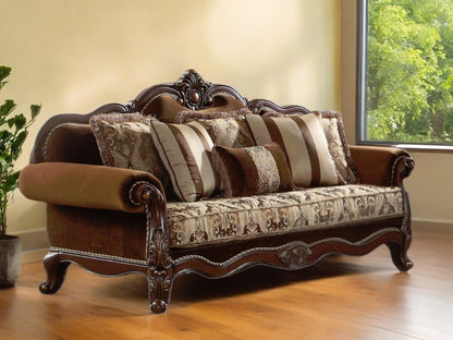 37" Oak Velvet Floral Sofa And Toss Pillows With Espresso Legs HomeRoots