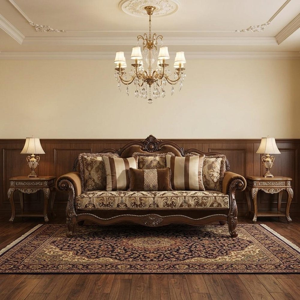37" Oak Velvet Floral Sofa And Toss Pillows With Espresso Legs HomeRoots