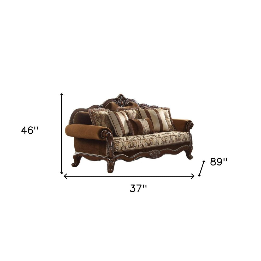 37" Oak Velvet Floral Sofa And Toss Pillows With Espresso Legs HomeRoots