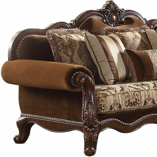 37" Oak Velvet Floral Sofa And Toss Pillows With Espresso Legs HomeRoots