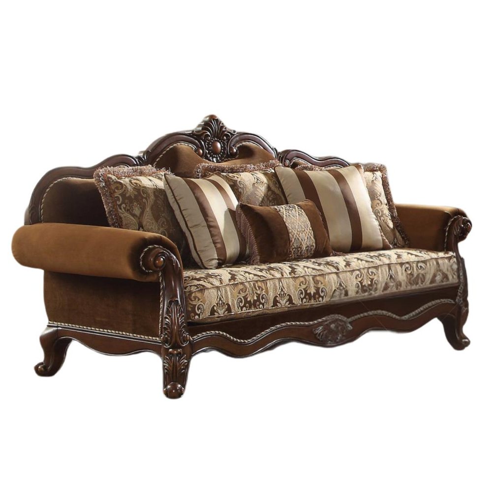 37" Oak Velvet Floral Sofa And Toss Pillows With Espresso Legs — view 2
