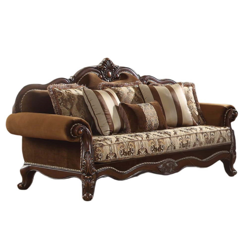 37" Oak Velvet Floral Sofa And Toss Pillows With Espresso Legs HomeRoots