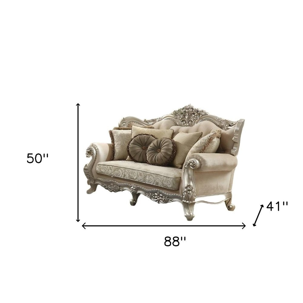 88" Champagne Velvet Curved Floral Sofa And Toss Pillows HomeRoots