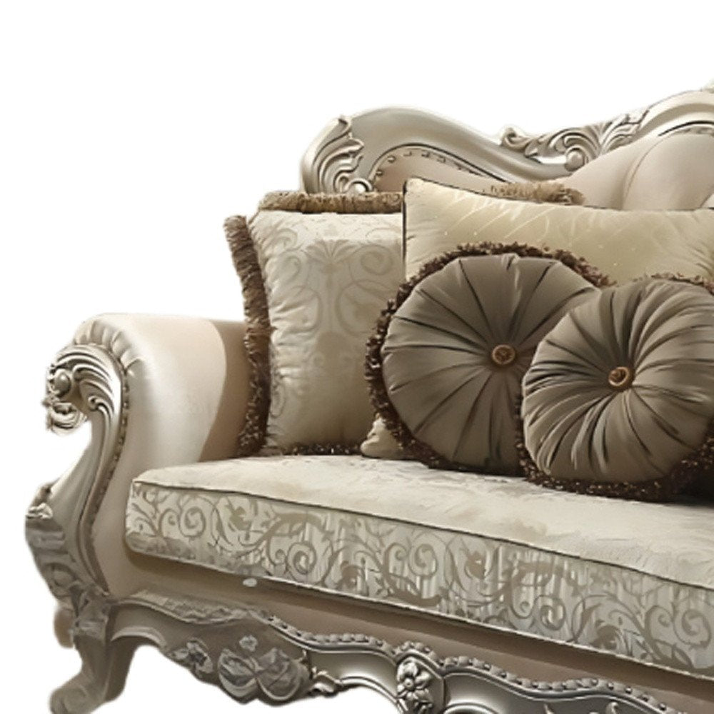 88" Champagne Velvet Curved Floral Sofa And Toss Pillows HomeRoots