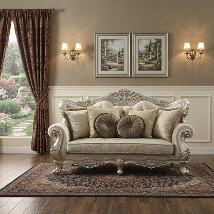 88" Champagne Velvet Curved Floral Sofa And Toss Pillows
