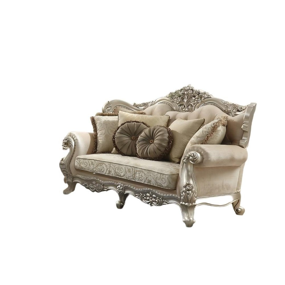 88" Champagne Velvet Curved Floral Sofa And Toss Pillows HomeRoots