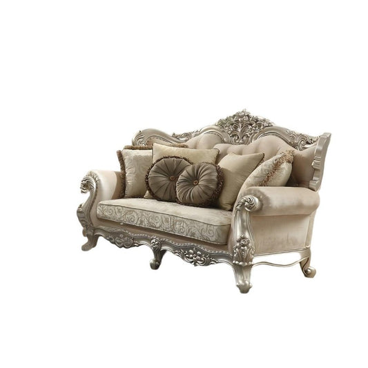 88" Champagne Velvet Curved Floral Sofa And Toss Pillows HomeRoots