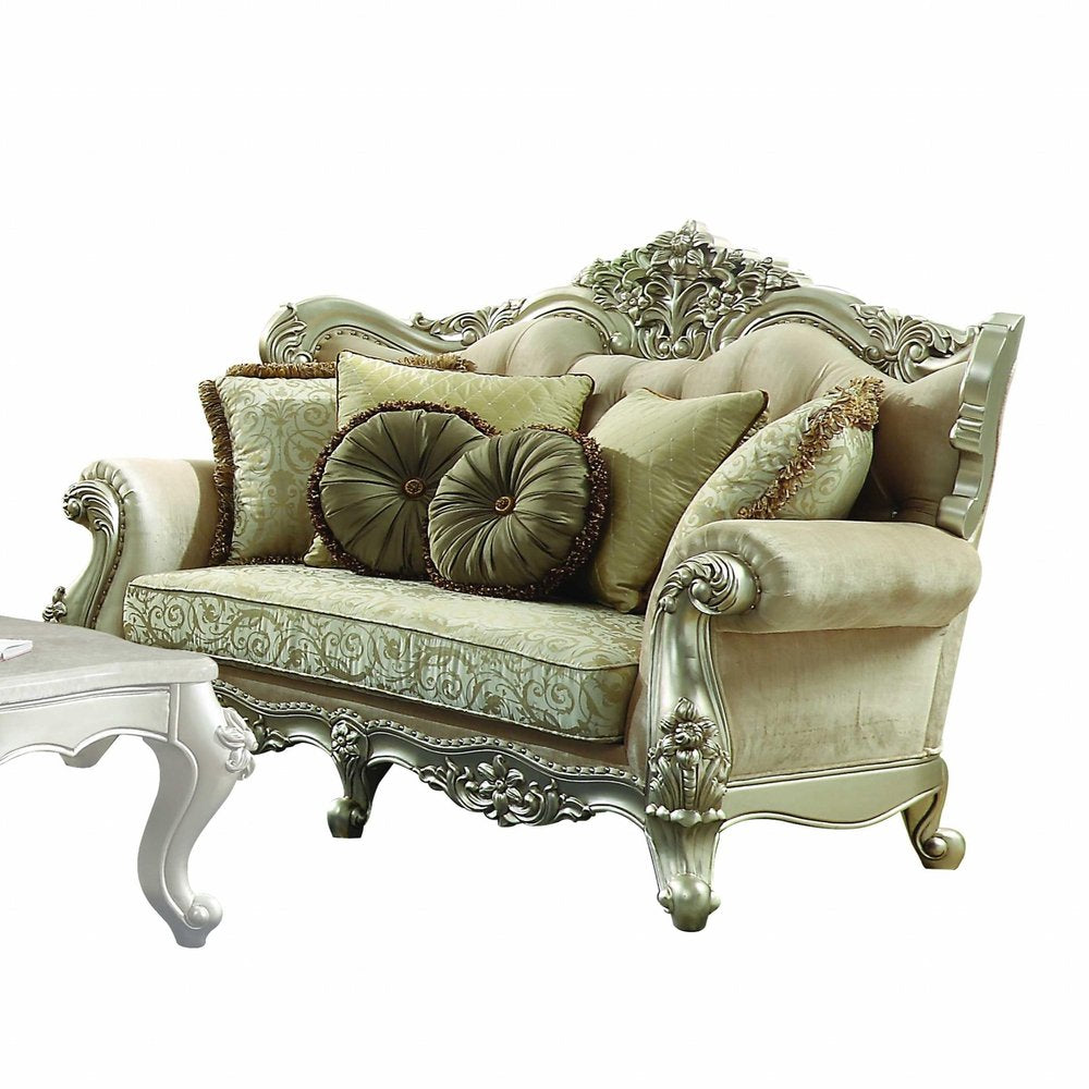 72" Green And Light Green Polyester Blend Damask Chesterfield Loveseat and Toss Pillows HomeRoots