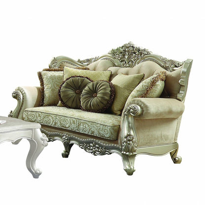 72" Green And Light Green Polyester Blend Damask Chesterfield Loveseat and Toss Pillows HomeRoots