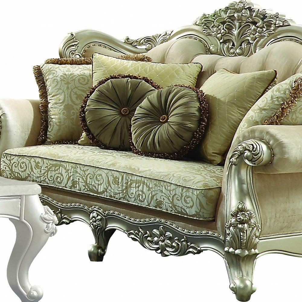 72" Green And Light Green Polyester Blend Damask Chesterfield Loveseat and Toss Pillows - FurniFindUSA