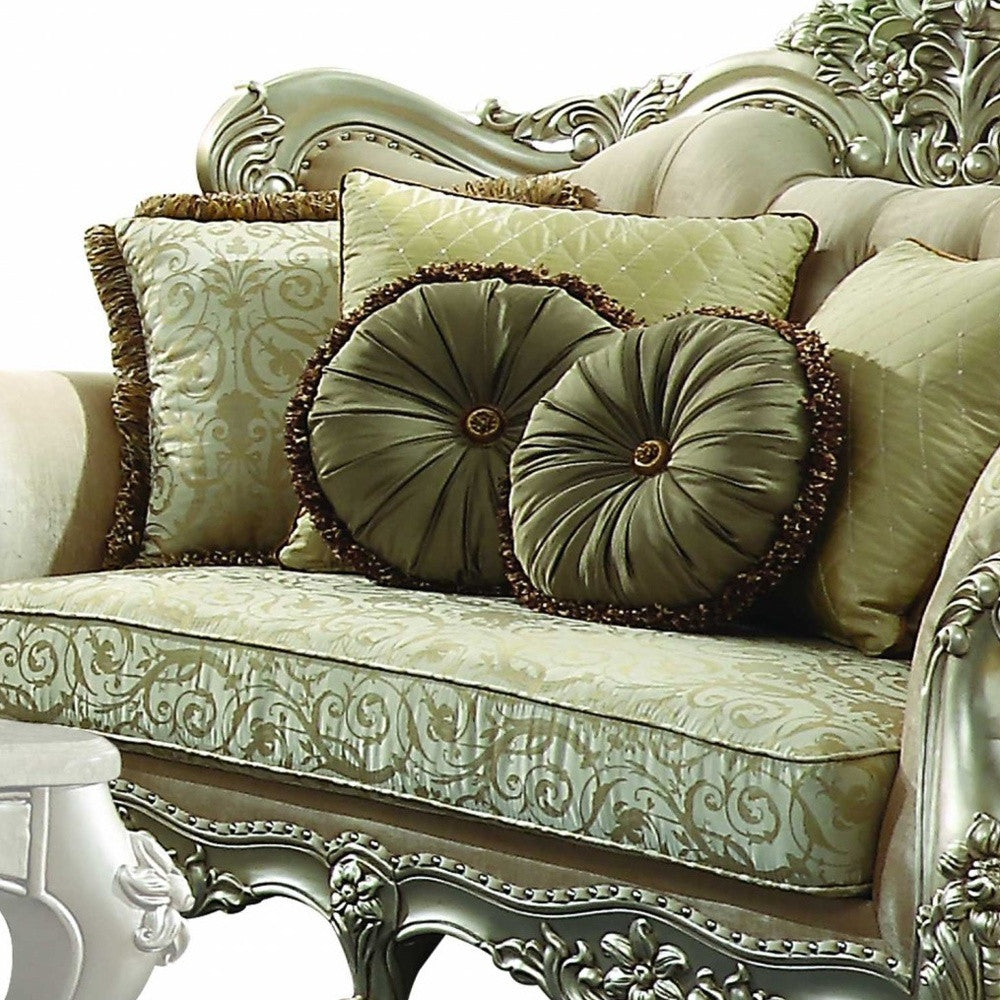 72" Green And Light Green Polyester Blend Damask Chesterfield Loveseat and Toss Pillows - FurniFindUSA