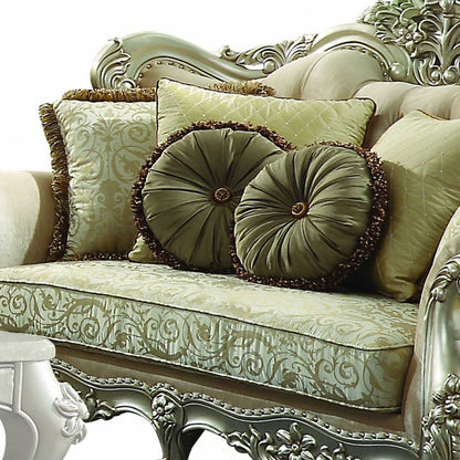 72" Green And Light Green Polyester Blend Damask Chesterfield Loveseat and Toss Pillows - FurniFindUSA