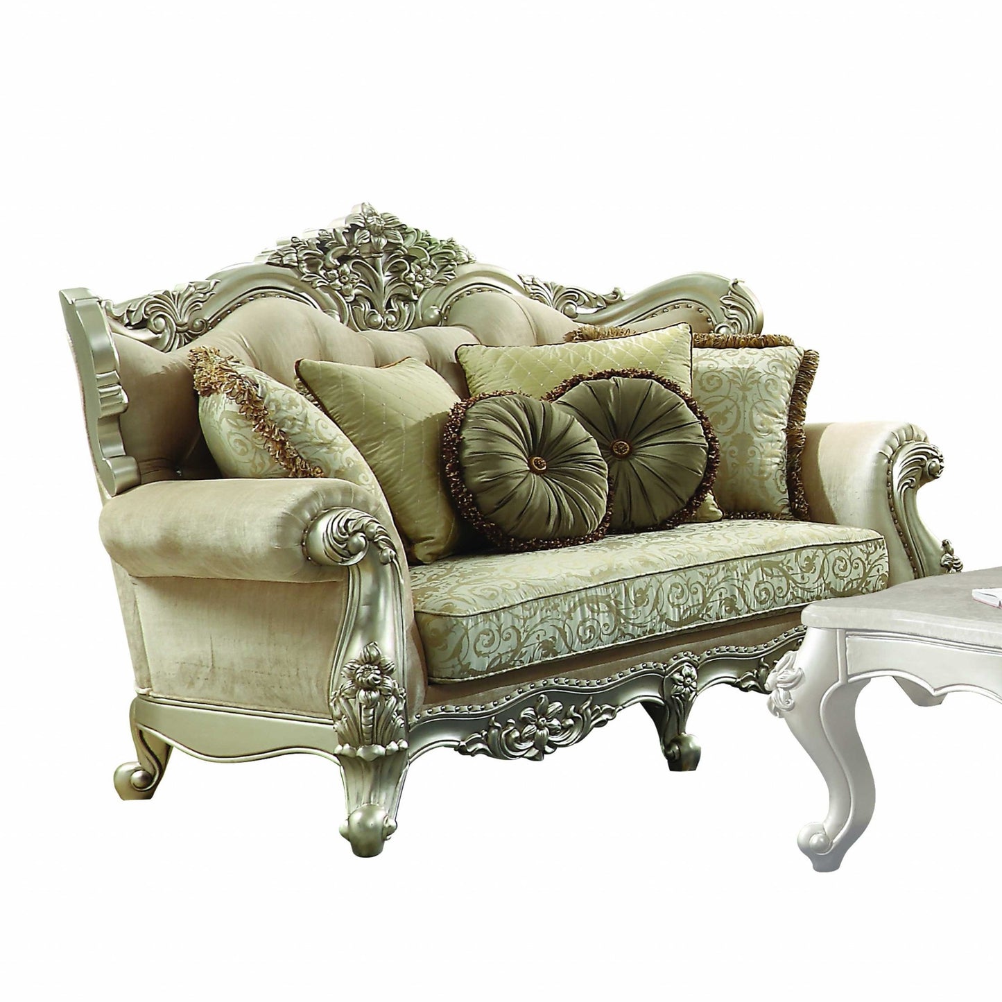 72" Green And Light Green Polyester Blend Damask Chesterfield Loveseat and Toss Pillows - FurniFindUSA