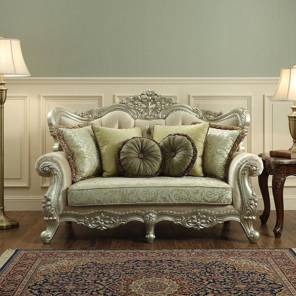 72" Green And Light Green Polyester Blend Damask Chesterfield Loveseat and Toss Pillows HomeRoots