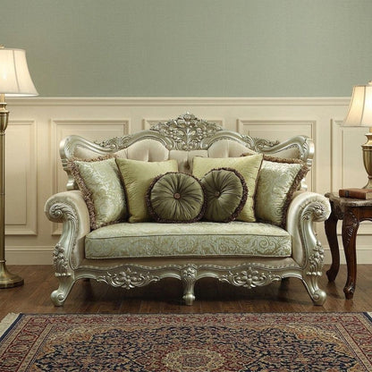 72" Green And Light Green Polyester Blend Damask Chesterfield Loveseat and Toss Pillows HomeRoots