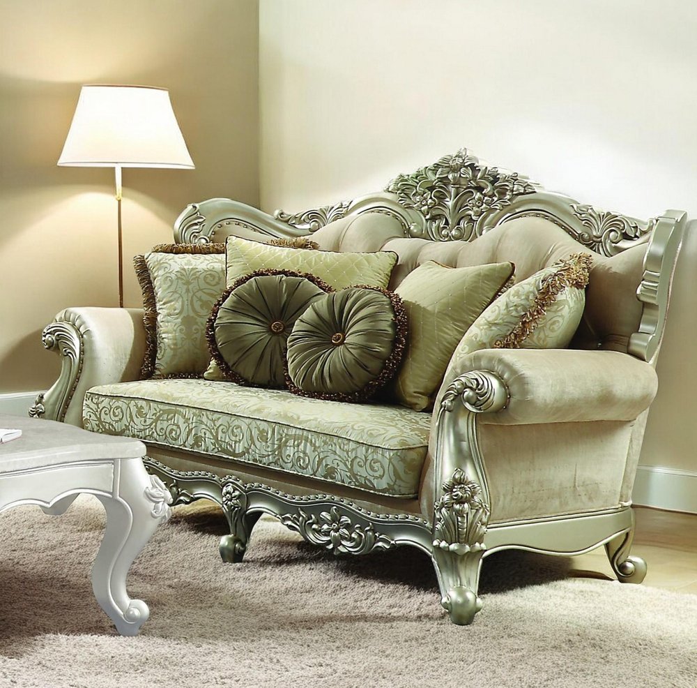 72" Green And Light Green Polyester Blend Damask Chesterfield Loveseat and Toss Pillows HomeRoots