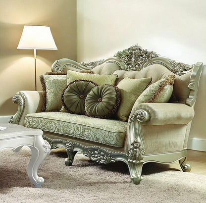 72" Green And Light Green Polyester Blend Damask Chesterfield Loveseat and Toss Pillows HomeRoots